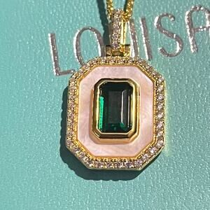 Emerald, Mother Of Pearl, and CZ Halo Pendant 18” 14k Gold/SS